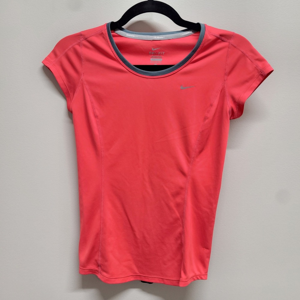 Nike Running Dri-FIT Short Sleeve Shirt Womens XS Coral Pink Grey Mesh Back